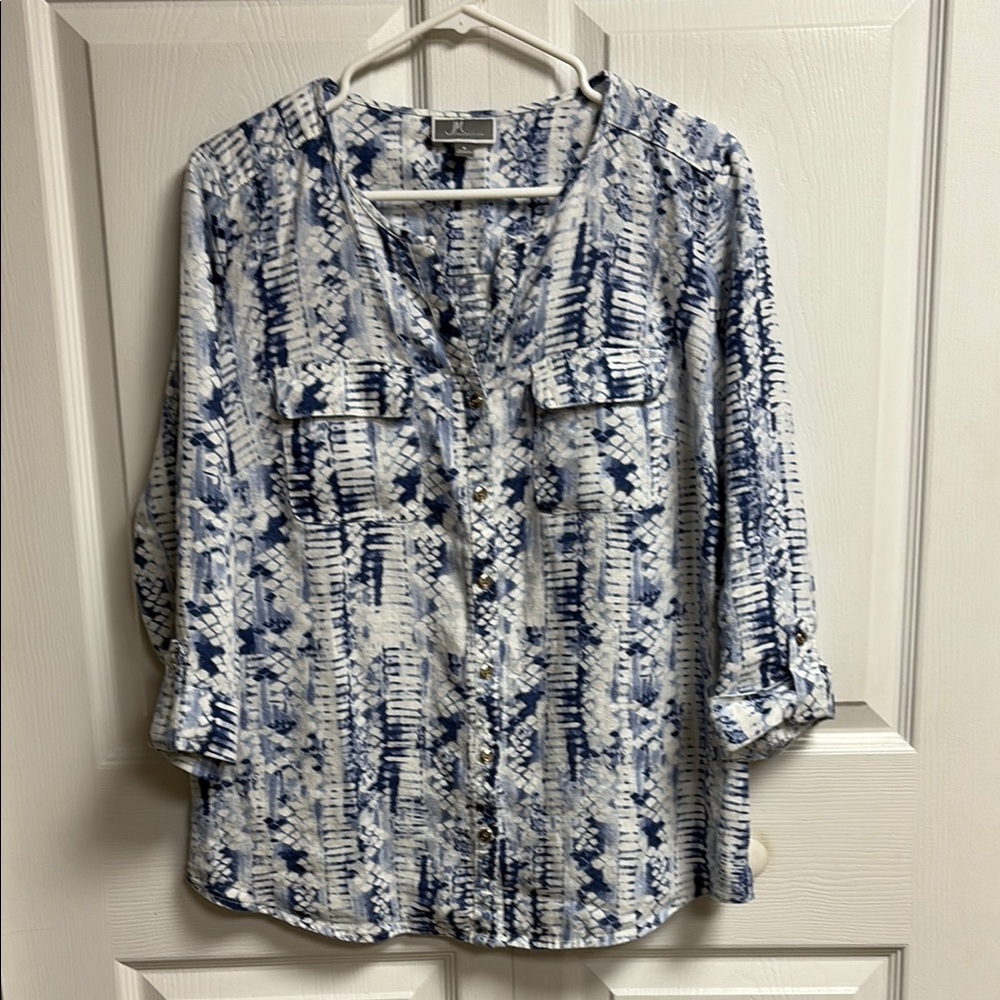 J. Jill Blue and White Cuffed Sleeve Button Down Top